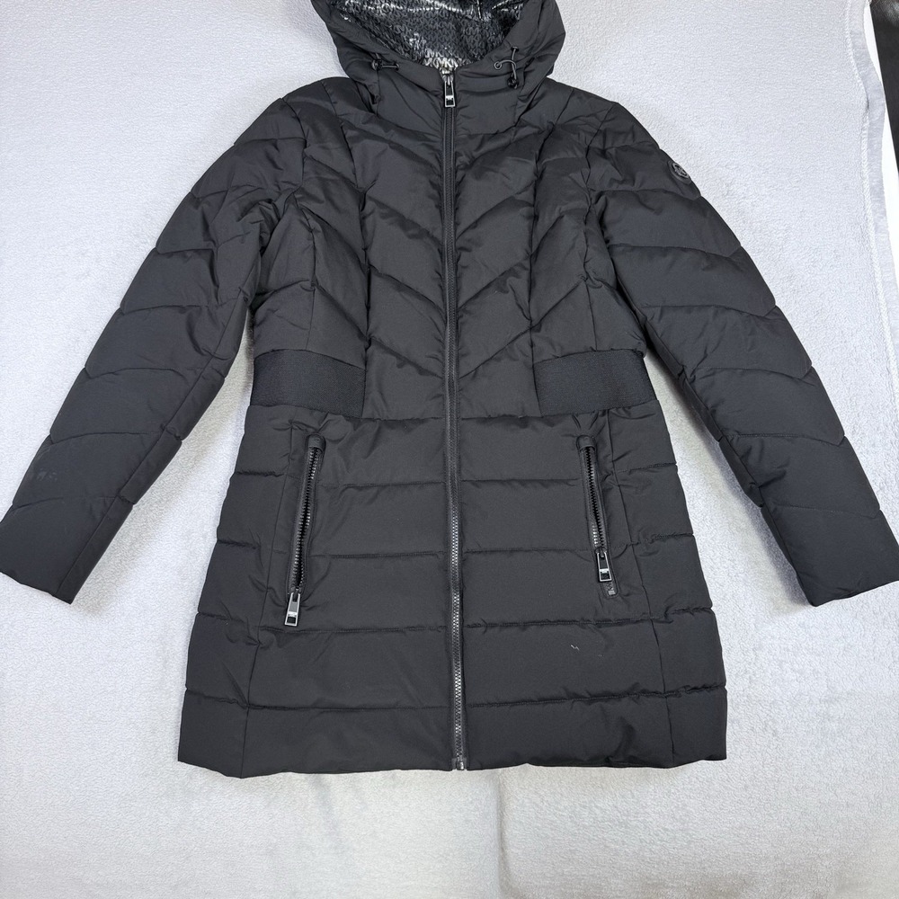 Michael Kors Women’s Black Long Hooded Puffer Coat Logo Waist Size Medium